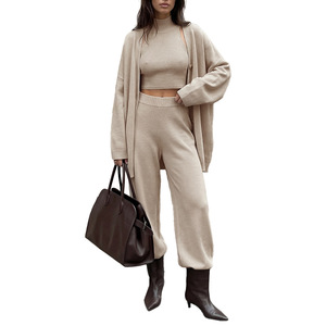 Ensemble de vêtements en tricot pour femmes, haut court, pantalon, cardigan beige, tenue décontractée 2026 - Product Image 5