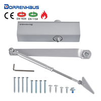 Ferme-porte en alliage d'aluminium réglable DORRENHAUS D1024 argenté, homologué CE, pour usage hôtelier moderne, avec fonction de maintien ouvert/arrêt automatique, pour portes jusqu'à 130 mm