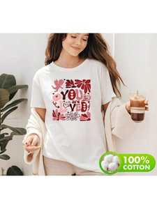 T-shirt da donna per San Valentino, con stampa floreale, in cotone, girocollo, manica corta, casual, primavera estate, vestibilità regolare - Product Image 3