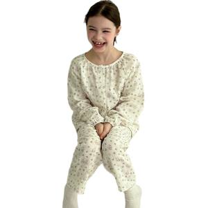 Pijamas de manga larga de gasa de punto de algodón puro con patrón de dibujos animados para mujeres, hombres, niños, cintura elástica, tallas medianas y grandes para el hogar - Product Image 5