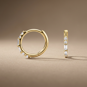 Round and Baguette Lab Grown Diamond <b>Huggie</b> Hoop Earrings Rhodium Plated Trendy 10K 14K 18K Gold 925 935 <b>Silver</b> - Product Image 2