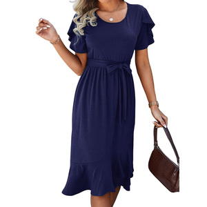 Womens Summer <strong>Dresses</strong> Casual Wrap Crew Neck Short Sleeve Belt A-Line Ruffle Hem Bohemian Midi <strong>Dress</strong>