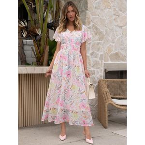 Vestido largo floral de verano para mujer, cuello en V, manga corta, de gasa, línea A, para dama de honor, invitada de boda en la playa - Product Image 4