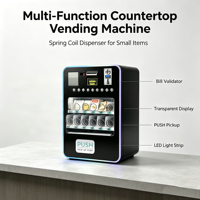 Mini distributeur automatique mural pour snacks et produits, avec distributeur à ressort spiralé et accepteur de pièces et billets.
