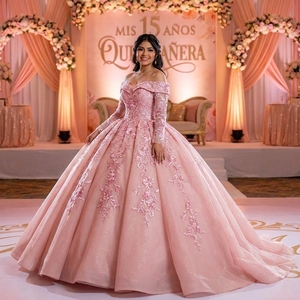Lsany271 Elegant Soft Pink <b>Ball</b> <b>Gown</b> Sweetheart Neck Appliques Lace up Back Maternity Modern Quinceanera Chapel Train Dress - Product Image 1
