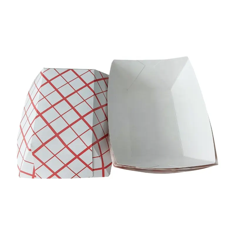 Personalizado Folding Papelão Alimentos Barcos Descartáveis Vermelho & Branco Quadriculado Papel Bandejas De Alimentos De Papel Eco Friendly Bandejas De Alimentos De Papel