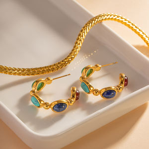 Neuankömmling Schmuck Edelstahl Oval Grün Bunt Lapis Stein CC Creolen für Mädchen - Product Image 2