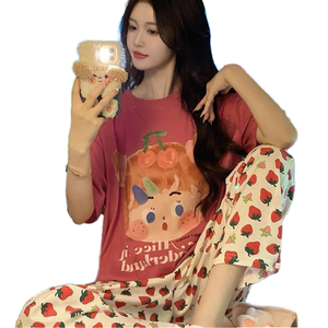 <b>Women's</b> Breathable Casual Sweet Cute Cartoon Pattern Loungewear Set Spring Autumn Large Size Elastic Waist Long <b>Pants</b> Short - Product Image 1
