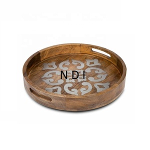 Walnut Finishing Coffee <b>Tea</b> Serving Wooden <b>Tray</b> Hot Selling Hand Engraved Decorative Rounded Shape <b>Tray</b> - Product Image 1