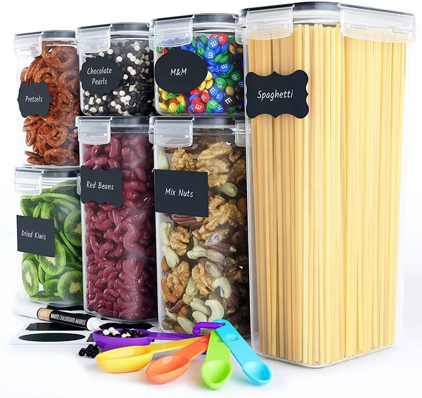 7 paket BPA ücretsiz hava geçirmez kuru tahıl gıda saklama kapları seti şeker un pişirme ölçüm kaşığı takımı ve etiket