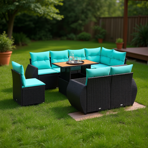 Ensemble de canapés de patio en polyrotin noir, 9 pièces, avec coussins, meubles de jardin, sièges d'extérieur - Product Image 2