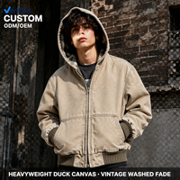 Veste de travail pour homme en toile de canard épaisse, personnalisée, style vintage, délavée, doublée à carreaux, avec capuche et bordure contrastante beige, pour usage urbain et utilitaire