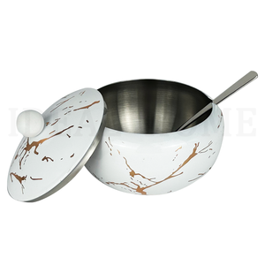 Basso MOQ fabbrica di alta qualità rivestimento bianco adesivo in <span class=keywords><strong>argento</strong></span> 304 in acciaio inox ciotola di zucchero con coperchio e cucchiaio in acciaio inox - Product Image 1