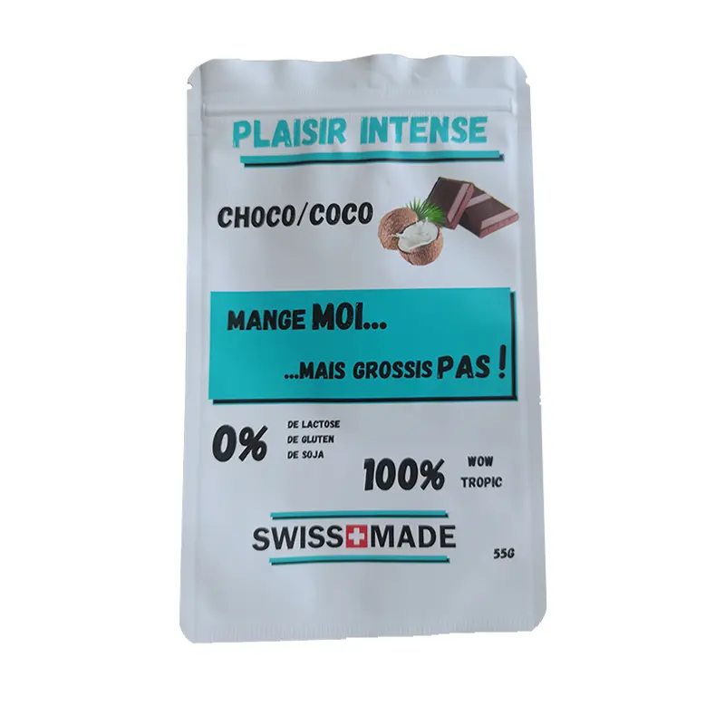 Custom W10 * H16cm 55G Chocolade Bar Pakket Kleurrijke Klaar Om Plaisir Intense Voor Kokosnoot Chocolade Verpakking Zak