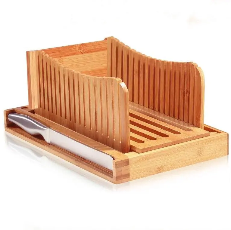 Bambu ekmek dilimleyici bıçak kesme kılavuzu ev yapımı ekmek, kek, simit katlanabilir ve kompakt kırıntı tepsisi