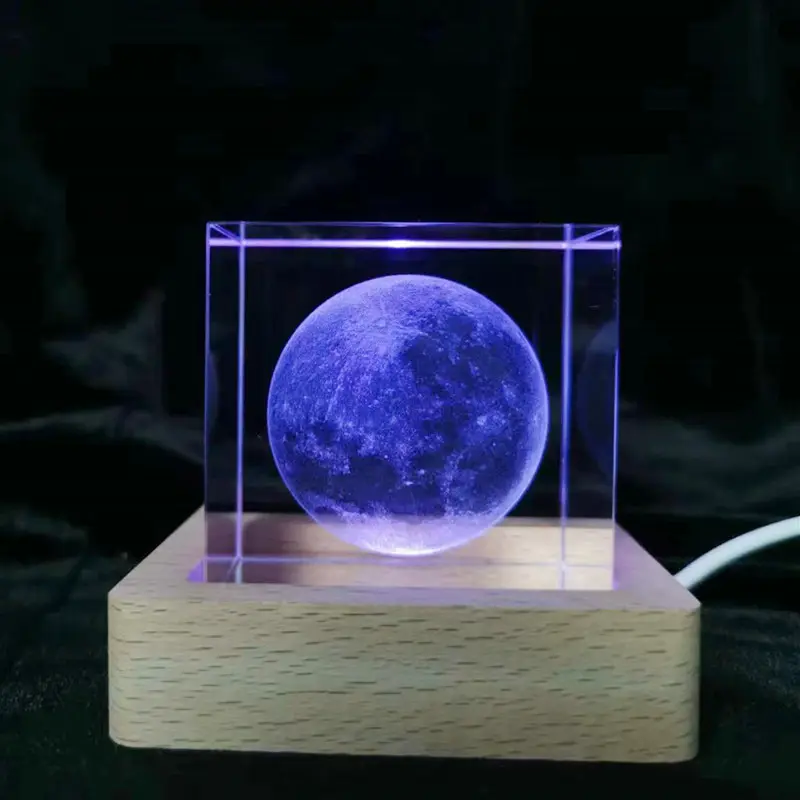 Ramadan Moon 3D Khắc Pha Lê Vuông Đèn Ngủ Gỗ Rắn Cơ Sở Công Ty Thương Mại LED Ánh Sáng Sáng Pha Lê LED Ánh Sáng