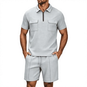 OEM Men's Casual Polo Shirt Shorts 2 Piece Set 1/4 <b>Zip</b> Neck Summer Solid Color Breathable Chest Pocket Customizable Logo - Product Image 5