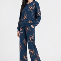 Ensemble pyjama décontracté pour femme, col rond, broderie florale, tricot, deux pièces, pull ample, pantalon large, vêtements de nuit, hiver, vêtements de détente doux