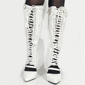 Summer Pointed Toe <b>Knee</b> <b>High</b> Boots Women Front Lace up Sandals Big Size 47 Shoes <b>High</b> Heels Cut Out Side Zipper Long Booties - Product Image 3