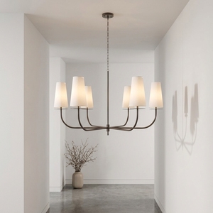 Lustre design ferme moderne à 6 lumières, grand modèle en fer noir et tissu, pour cuisine, salle à manger et salon - Product Image 2