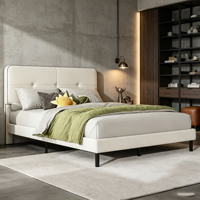 Lit minimaliste en cuir blanc capitonné avec tête de lit à boutons, taille Queen, mobilier de chambre en gros