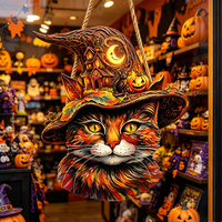 Panneau décoratif mural en bois 2D fait main et durable pour Halloween, motif chat en chapeau, pour porte d'entrée et usage intérieur