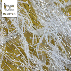 Tessuto in <span class=keywords><strong>Tulle</strong></span> ricamato con perline in pizzo 3D <span class=keywords><strong>bianco</strong></span> con piume per abiti da sposa e Couture - Product Image 4