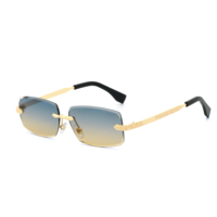 Lunettes de soleil Partagas Retro Designer avec logo personnalisé, monture rectangulaire sans bordure, branches en bois grainé, verres UV400 pour hommes