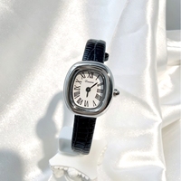 Montre à quartz vintage ovale pour femme, boîtier doré, cadran à chiffres romains, bracelet en cuir de crocodile noir, montre-bracelet habillée pour femme
