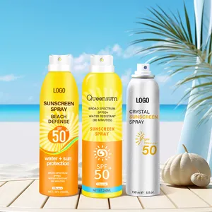 जैविक Sunblock Oem निजी लेबल मॉइस्चराइजिंग सनस्क्रीन स्प्रे से अधिक मेकअप एयरोसोल एसपीएफ़ 50 + एल्यूमीनियम बोतल के लिए चेहरे और शरीर
