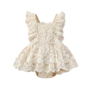 Tutu Embroidery Ruffles Backless Bodysuit Flying Sleeve Jumpsuit Princess Lace Romper Dress