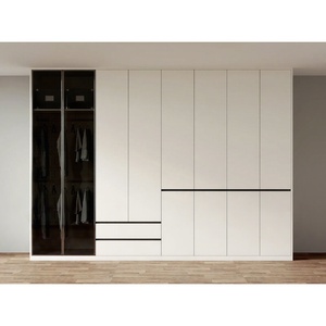 Armoire de chambre à coucher personnalisée beige et blanche, en <span class=keywords><strong>bois</strong></span>, 6 portes sans poignées, moderne, intégrée, grand rangement, du sol au plafond - Product Image 2