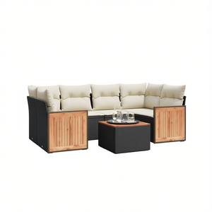 Conjunto de Sofá de Jardín de Ratán Negro para 6 Personas, Muebles de Exterior Resistentes a la Intemperie, Diseño Contemporáneo, Paneles de Madera de Teca - Product Image 1