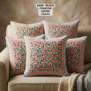 Housse de coussin en coton imprimée à la main 24x24 pouces – Housse de coussin décorative florale rouge pour canapé - Product Image 3