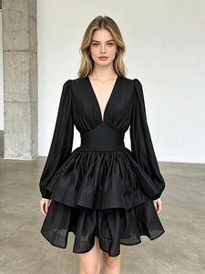 Robes minimalistes unies à col en V et manches longues, élégantes, cintrées, avec patchwork et plis, coupe trapèze, pour <span class=keywords><strong>femme</strong></span> - Product Image 4