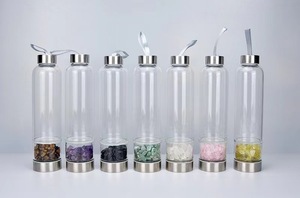 Custom Design Natural Infused Glass <b>Water</b> Bottle Bamboo Lid and Gemstone Unique Drinkware With <b>Crystal</b> Inside - Product Image 2