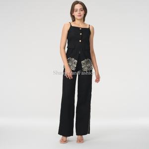 Ensemble en lin sur mesure pour femmes OEM, pantalon droit pour femmes d'affaires, haut court en lin sans manches à col carré, ensemble deux pièces - Product Image 1