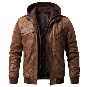 Chaqueta de Cuero de Oveja con Capucha Estilo Vintage para Hombre, Cortavientos con Cremallera y Epaulettes, Abrigo Grueso de Invierno, Venta al por Mayor, Diseño de LOGO Personalizado 2026 - Product Image 1