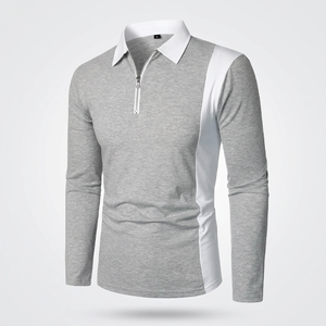 Polo à manches longues pour homme avec blocs de couleur et fermeture éclair, haut tricoté décontracté gris et blanc, design uni, tissu respirant - Product Image 3