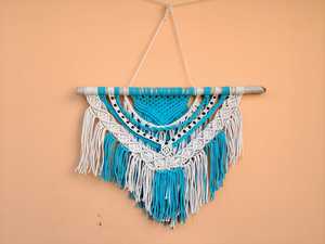 Blue <b>White</b> Macrame Wall <b>Hanging</b> Handmade Fringe Decorative Wall Art Boho Home Accent - Product Image 2