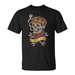Camiseta con estampado de calavera del clase trabajadora, cuello azul, tatuaje tradicional - Product Image 1