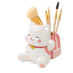 Figurine de <span class=keywords><strong>chat</strong></span> porte-bonheur en résine faite à la main, <span class=keywords><strong>Maneki</strong></span> <span class=keywords><strong>Neko</strong></span>, porte-pinceaux de maquillage, organisateur de bureau, cadeau pour filles, décoration de la maison et du bureau - Product Image 1