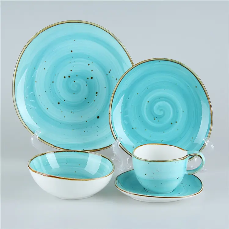 Vajilla de porcelana de cerámica para restaurante, juego de vajilla rústica esmaltada de Color turquesa de estilo nórdico moderno