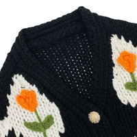 Cardigan en tricot à col en V pour femme, motif losanges, broderie florale 3D tulipe, coupe courte, style vintage doux, printemps