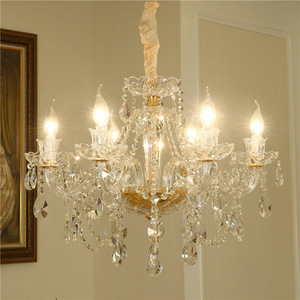 Lustre en cristal avec base en acier inoxydable doré, ampoule E26, lumière blanc chaud 3500K, hauteur réglable, télécommande, suspension pour salon - Product Image 1