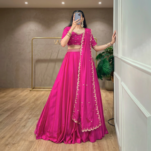Designer Chinon Sequins and Thread Embroidery Work Belt Lehenga Choli Dupatta Winter Party Wedding Wear - Product Image 1