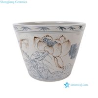 Pot Tanaman Keramik Motif Bunga Teratai Daun Besar Biru Putih Tradisional Cina RZSX102-I