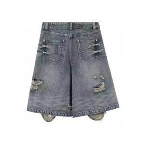 Novedades: Shorts de mezclilla unisex de estilo retro, lavados, desgastados, de pierna recta, holgados, casuales y de cintura alta con rotos para hombre. - Product Image 3