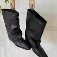 Bottes mi-mollet à talon compensé dissimulé pour femme, bout carré, en cuir vieilli, style décontracté, 2 couleurs