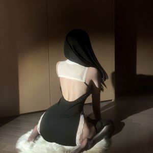 Vestido de encaje con aberturas altas y diseño calado, estilo disfraz de monja, lencería tipo body de control ligero, puro pero seductor - Product Image 5